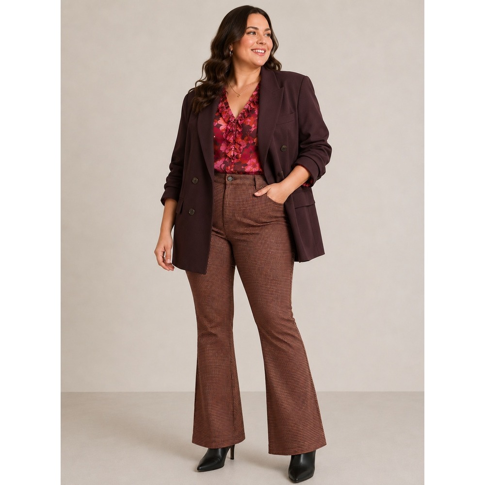 New Old Navy Womans Sz 16 Pixie Flare Pants Plaid Check Brown Maroon Stretch NWT